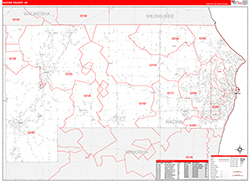 Racine County, WI Wall Map Zip Code Red Line Style 2026