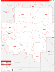 Ramsey County, ND Wall Map Zip Code Red Line Style 2023