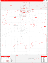 Randall County, TX Wall Map Zip Code Red Line Style 2024