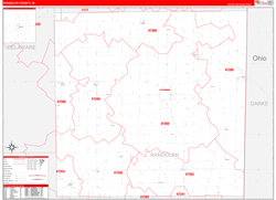 Randolph County, IN Wall Map Zip Code Red Line Style 2024