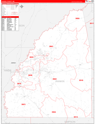 Rankin County, MS Wall Map Zip Code Red Line Style 2024