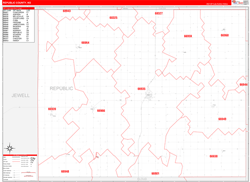 Republic County, KS Wall Map Zip Code Red Line Style 2024