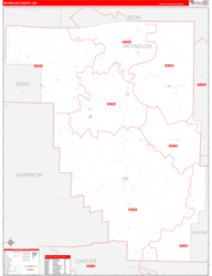 Reynolds County, MO Wall Map Zip Code Red Line Style 2024