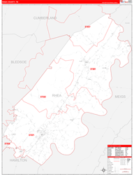 Rhea County, TN Wall Map Zip Code Red Line Style 2024