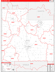 Rice County, MN Wall Map Zip Code Red Line Style 2026