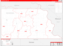 Richardson County, NE Wall Map Zip Code Red Line Style 2023