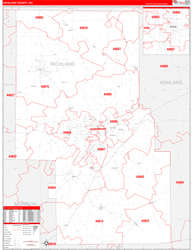 Richland County, OH Wall Map Zip Code Red Line Style 2024