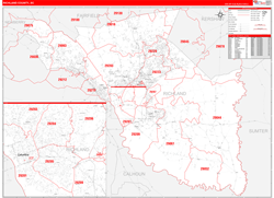 Richland County, SC Wall Map Zip Code Red Line Style 2024