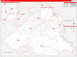 Richmond County, GA Wall Map Zip Code Red Line Style 2024