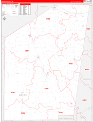 Ripley County, IN Wall Map Zip Code Red Line Style 2024