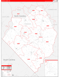 Robeson County, NC Wall Map Zip Code Red Line Style 2024