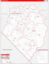 Robeson County, NC Wall Map Zip Code Red Line Style 2026