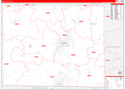 Rock County, WI Wall Map Zip Code Red Line Style 2024