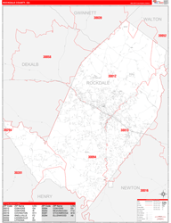 Rockdale County, GA Wall Map Zip Code Red Line Style 2024