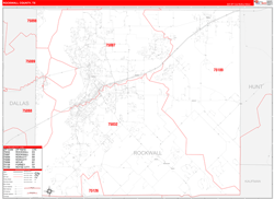 Rockwall County, TX Wall Map Zip Code Red Line Style 2024