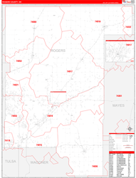Rogers County, OK Wall Map Zip Code Red Line Style 2024