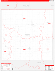 Rooks County, KS Wall Map Zip Code Red Line Style 2024