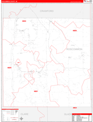 Roscommon County, MI Wall Map Zip Code Red Line Style 2024
