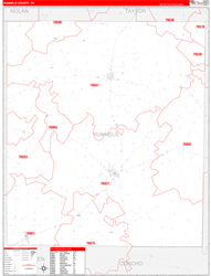 Runnels County, TX Wall Map Zip Code Red Line Style 2024