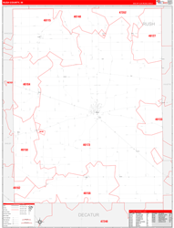 Rush County, IN Wall Map Zip Code Red Line Style 2024