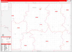 Rush County, KS Wall Map Zip Code Red Line Style 2024