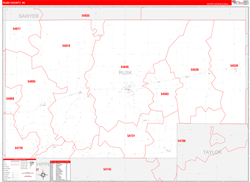 Rusk County, WI Wall Map Zip Code Red Line Style 2024