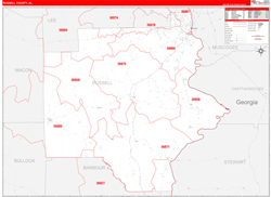 Russell County, AL Wall Map Zip Code Red Line Style 2024