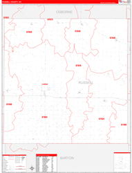 Russell County, KS Wall Map Zip Code Red Line Style 2024