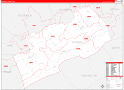 Russell County, VA Wall Map Zip Code Red Line Style 2024