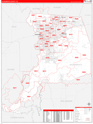 Sacramento County, CA Wall Map Zip Code Red Line Style 2024