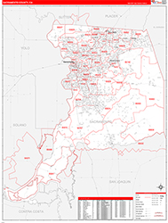 Sacramento County, CA Wall Map Zip Code Red Line Style 2026