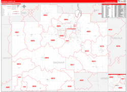 Saginaw County, MI Wall Map Zip Code Red Line Style 2024