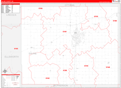 Saline County, KS Wall Map Zip Code Red Line Style 2024