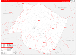 Saluda County, SC Wall Map Zip Code Red Line Style 2024