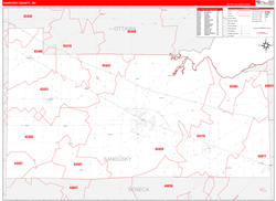 Sandusky County, OH Wall Map Zip Code Red Line Style 2024