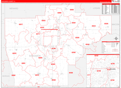 Sangamon County, IL Wall Map Zip Code Red Line Style 2024