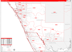 Sarasota County, FL Wall Map Zip Code Red Line Style 2023