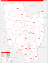 Saratoga County, NY Wall Map Zip Code Red Line Style 2024