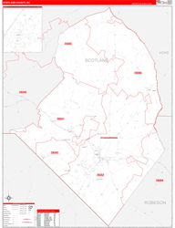 Scotland County, NC Wall Map Zip Code Red Line Style 2024
