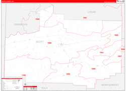 Scott County, AR Wall Map Zip Code Red Line Style 2024