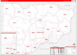 Scott County, IA Wall Map Zip Code Red Line Style 2024