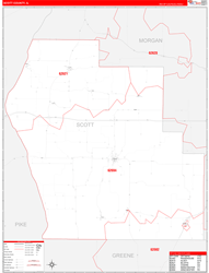 Scott County, IL Wall Map Zip Code Red Line Style 2024