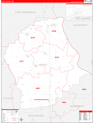 Scott County, MO Wall Map Zip Code Red Line Style 2024