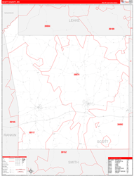 Scott County, MS Wall Map Zip Code Red Line Style 2024