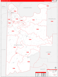 Sebastian County, AR Wall Map Zip Code Red Line Style 2024