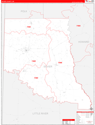 Sevier County, AR Wall Map Zip Code Red Line Style 2024