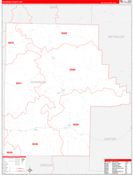 Shannon County, MO Wall Map Zip Code Red Line Style 2024