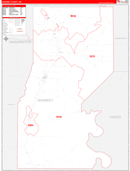 Sharkey County, MS Wall Map Zip Code Red Line Style 2024