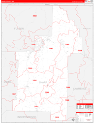 Sharp County, AR Wall Map Zip Code Red Line Style 2024