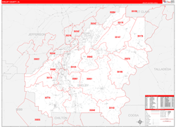 Shelby County, AL Wall Map Zip Code Red Line Style 2024
